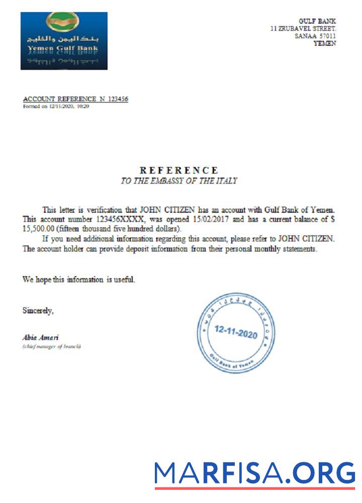 Downloadable Yemen Gulf Bank reference real example